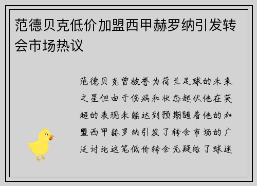 范德贝克低价加盟西甲赫罗纳引发转会市场热议