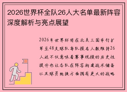 2026世界杯全队26人大名单最新阵容深度解析与亮点展望