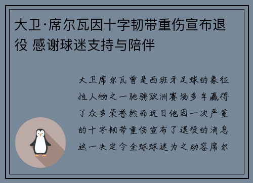 大卫·席尔瓦因十字韧带重伤宣布退役 感谢球迷支持与陪伴